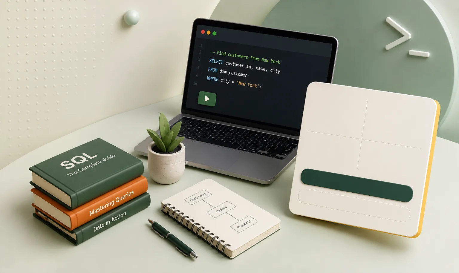 An illustrated desk with a laptop running a SQL query against a customer table, a SQLite jar, a schema notebook and a stack of SQL reference books